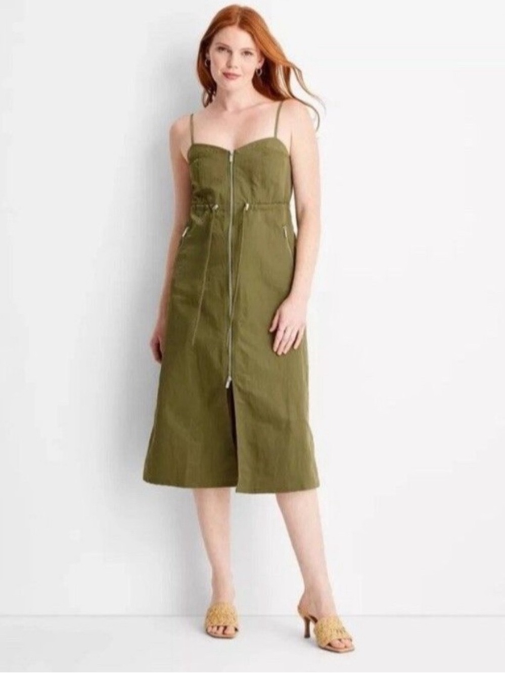 Future Collective Women's Nylon Zip-Front Midi Dress Olive Green XL